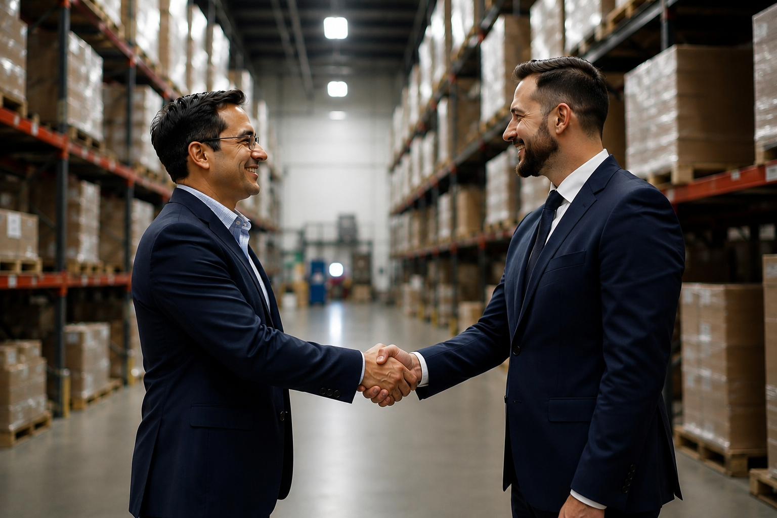 Business partners shaking hands in a wholesale facility